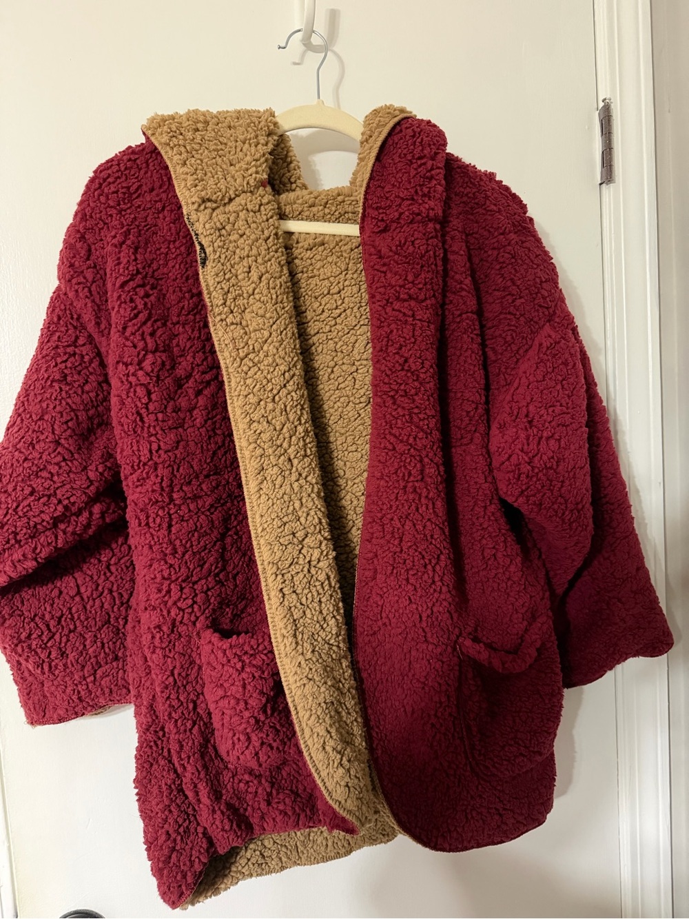 Cozy REVERSIBLE Fuzzy Jacket in Burgundy and Camel